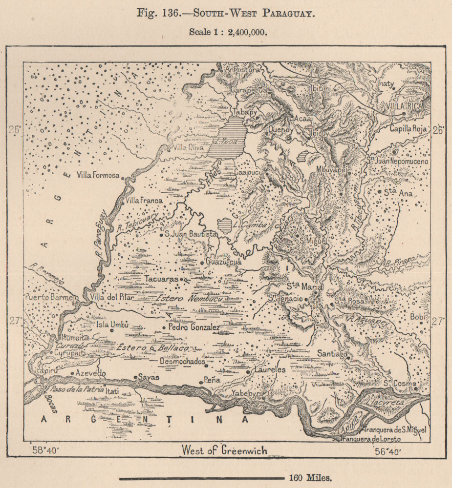 South West Paraguay 1885 old antique vintage map plan chart